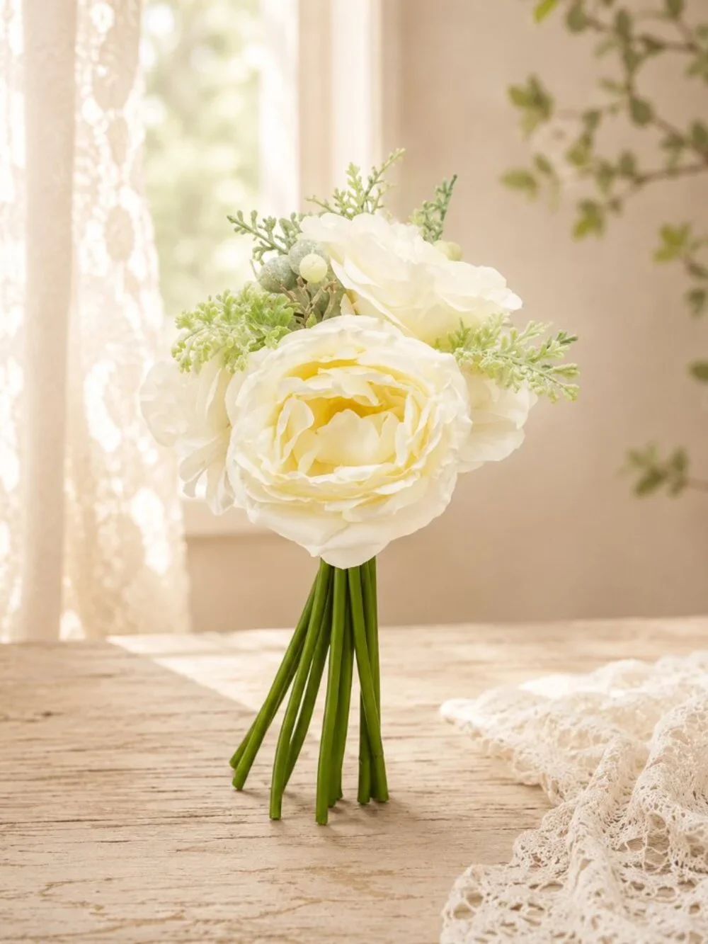 Delicate White Cream Bridal Bouquet With Berries and Greenery